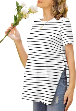 Ekouaer Women's Maternity Shirts Short Sleeve Pregnancy Tops Blouses Split Side Casual Crewneck Pregnant Tunic Tee