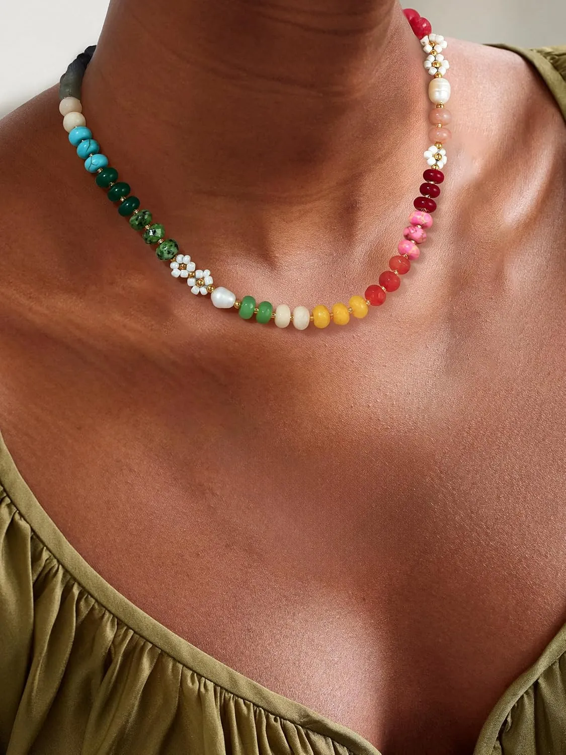 Elegance 11 designs Gemstone Beaded Necklaces For Women Rainbow Natural Stone Boho Waterproof Trendy Necklaces For Women Gift 16.5 inch