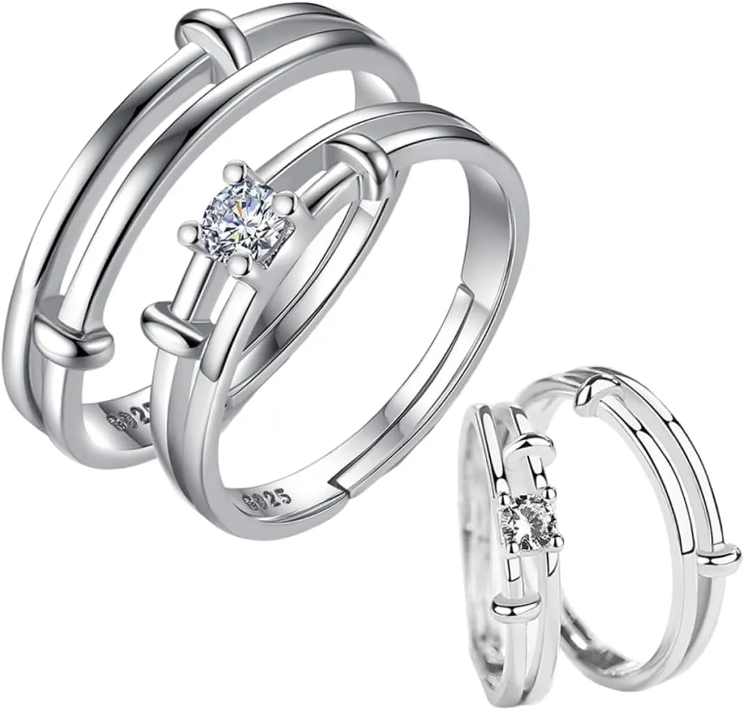 Elegant Couples Ring Set Men's Women's Simple Silver Tone Index Finger Jewelry for Wedding Engagement Anniversary Birthday