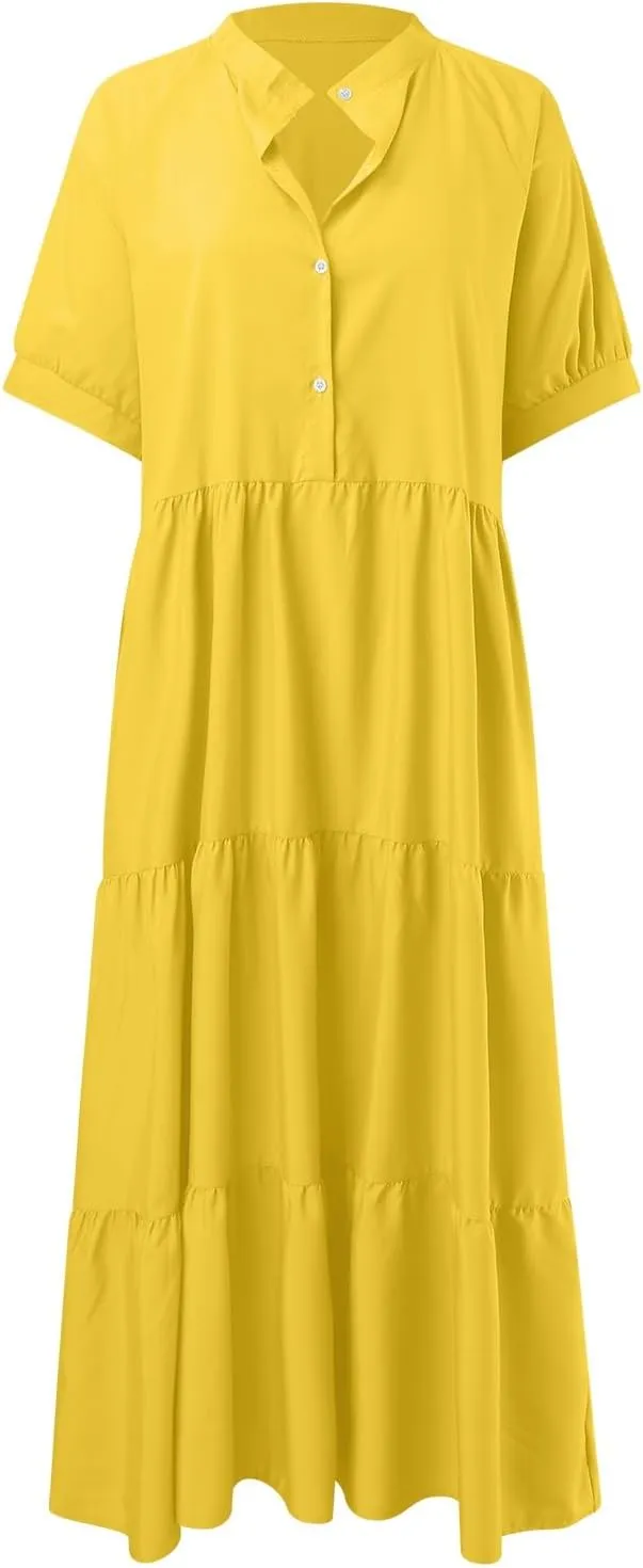EMRELOD Women's Summer Dresses 2024 Casual Short Sleeve Button Loose Fit Pleated Boho Flowy Swing Long Beach Sun Dress