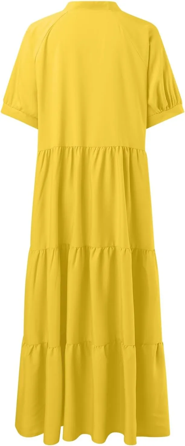 EMRELOD Women's Summer Dresses 2024 Casual Short Sleeve Button Loose Fit Pleated Boho Flowy Swing Long Beach Sun Dress