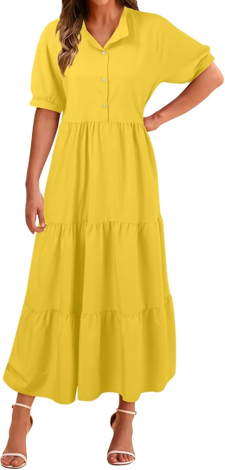 EMRELOD Women's Summer Dresses 2024 Casual Short Sleeve Button Loose Fit Pleated Boho Flowy Swing Long Beach Sun Dress
