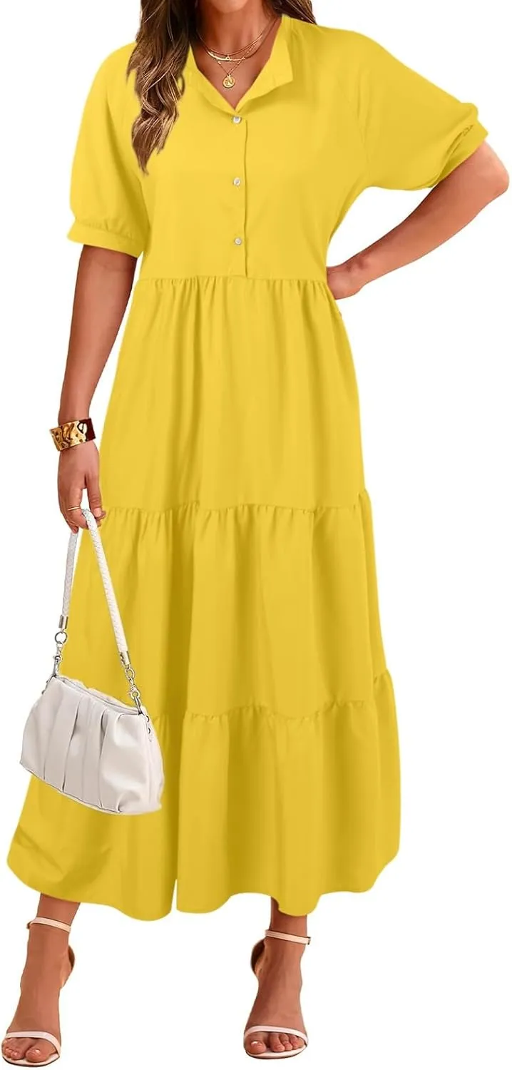 EMRELOD Women's Summer Dresses 2024 Casual Short Sleeve Button Loose Fit Pleated Boho Flowy Swing Long Beach Sun Dress