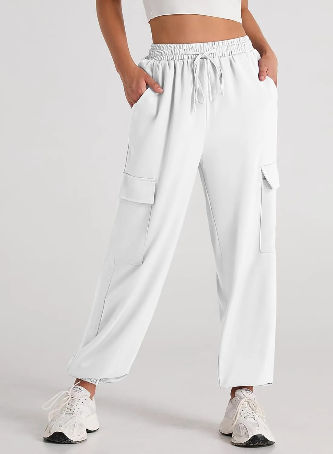 EVALESS Satin Joggers for Women Drawstring Elastic High Waist Straight Leg Cargo Pants Long Lounge Pant Trousers with Pockets