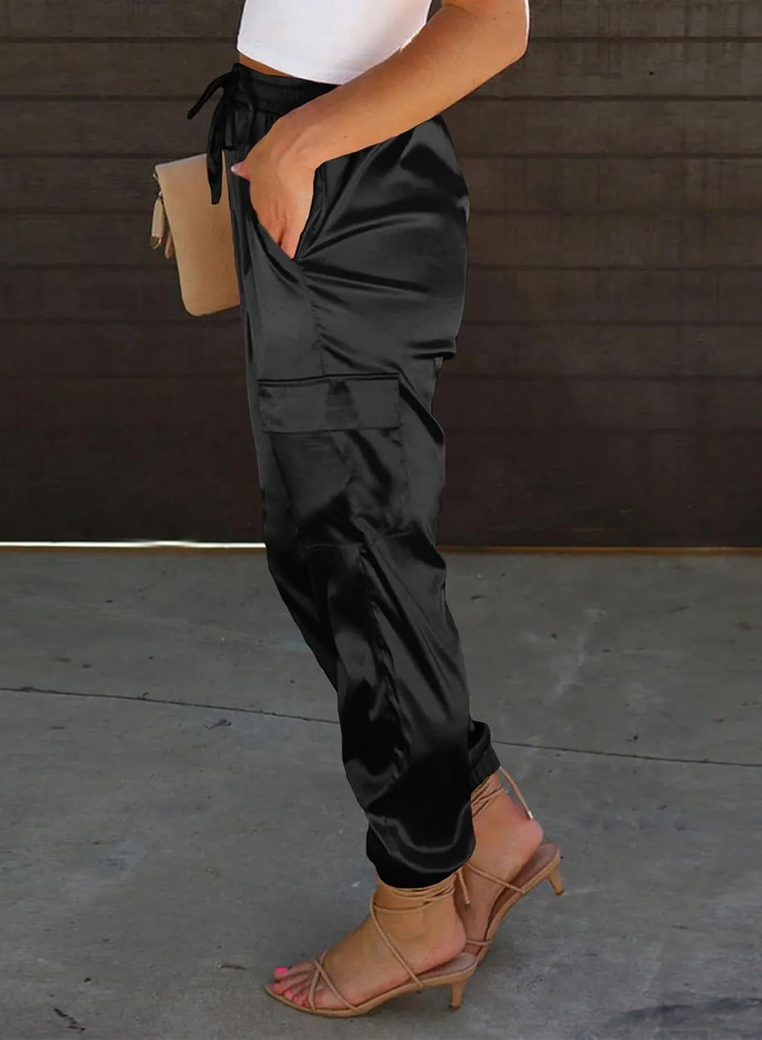 EVALESS Satin Joggers for Women Drawstring Elastic High Waist Straight Leg Cargo Pants Long Lounge Pant Trousers with Pockets