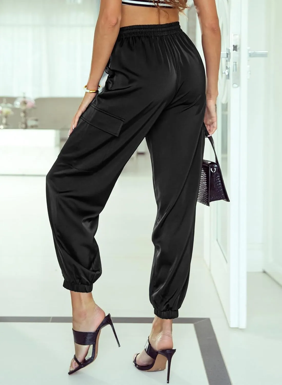 EVALESS Satin Joggers for Women Drawstring Elastic High Waist Straight Leg Cargo Pants Long Lounge Pant Trousers with Pockets