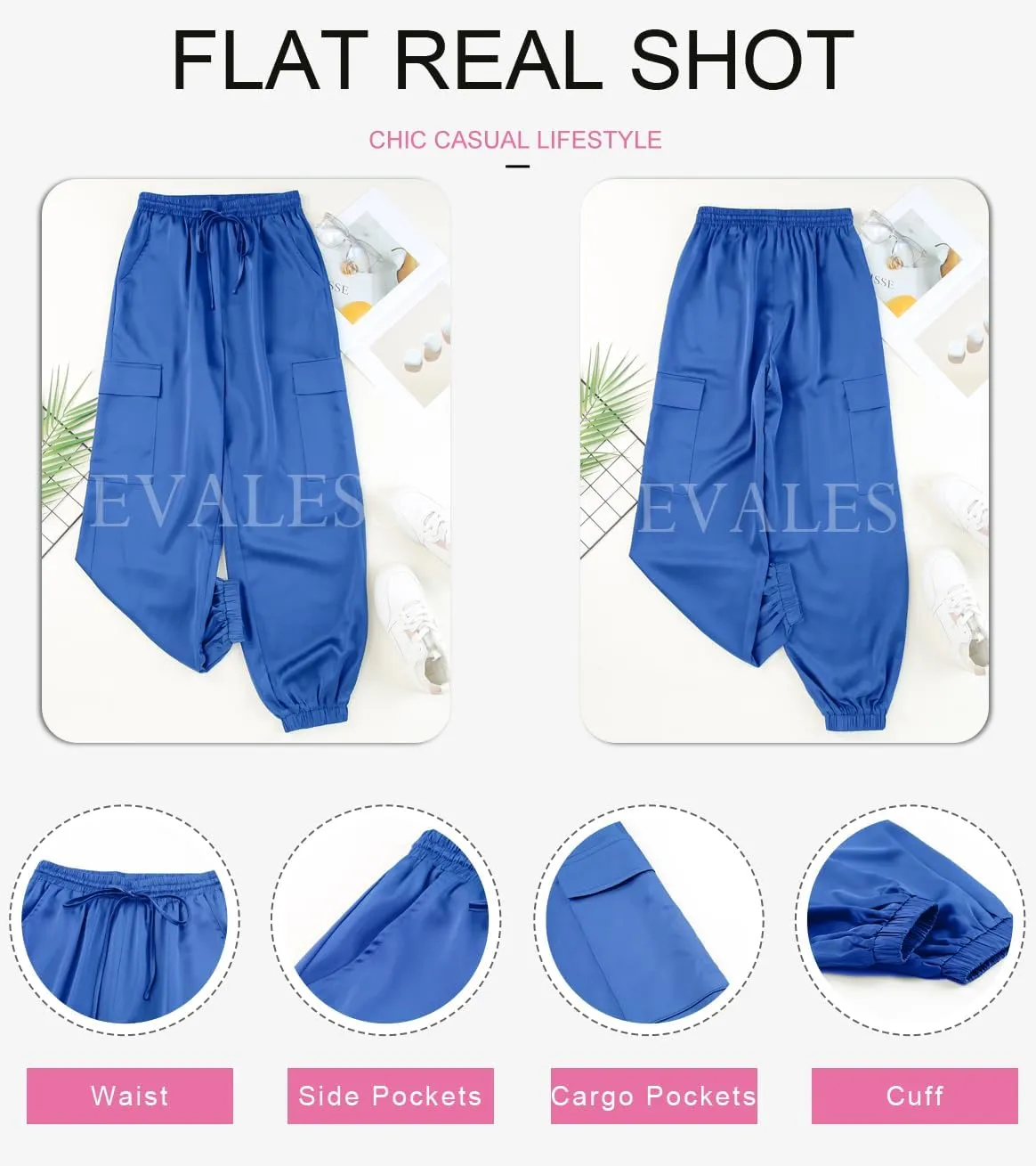 EVALESS Satin Joggers for Women Drawstring Elastic High Waist Straight Leg Cargo Pants Long Lounge Pant Trousers with Pockets