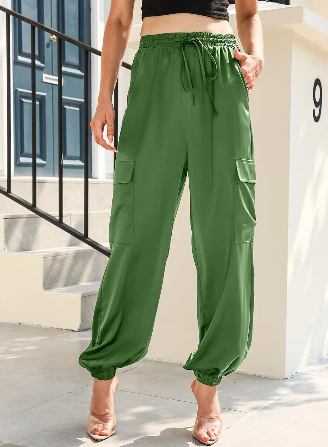 EVALESS Satin Joggers for Women Drawstring Elastic High Waist Straight Leg Cargo Pants Long Lounge Pant Trousers with Pockets