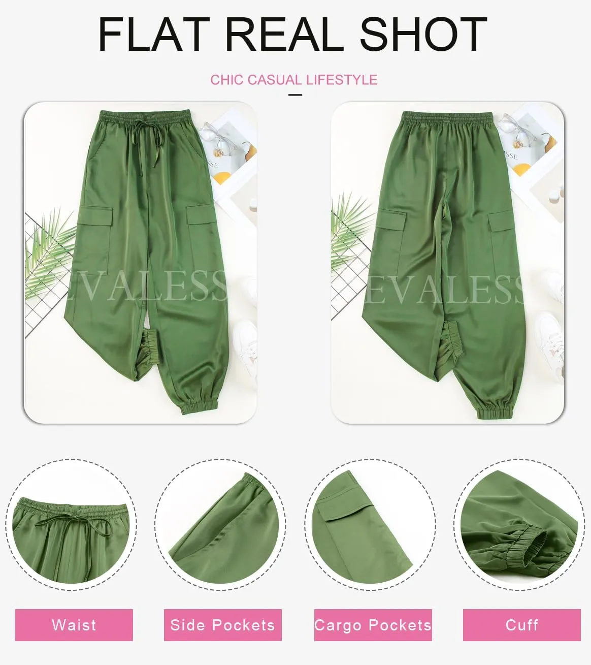 EVALESS Satin Joggers for Women Drawstring Elastic High Waist Straight Leg Cargo Pants Long Lounge Pant Trousers with Pockets