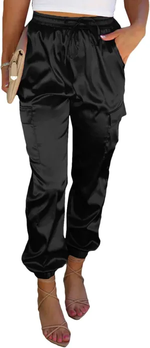 EVALESS Satin Joggers for Women Drawstring Elastic High Waist Straight Leg Cargo Pants Long Lounge Pant Trousers with Pockets