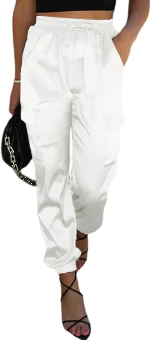 EVALESS Satin Joggers for Women Drawstring Elastic High Waist Straight Leg Cargo Pants Long Lounge Pant Trousers with Pockets