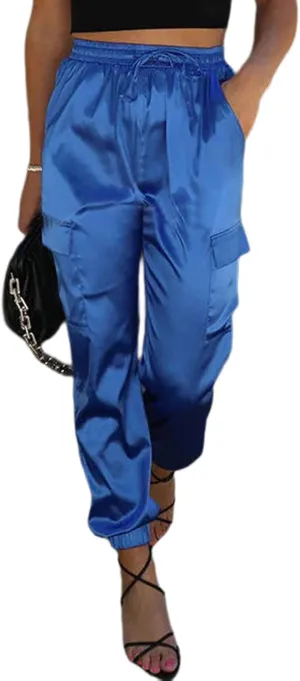 EVALESS Satin Joggers for Women Drawstring Elastic High Waist Straight Leg Cargo Pants Long Lounge Pant Trousers with Pockets