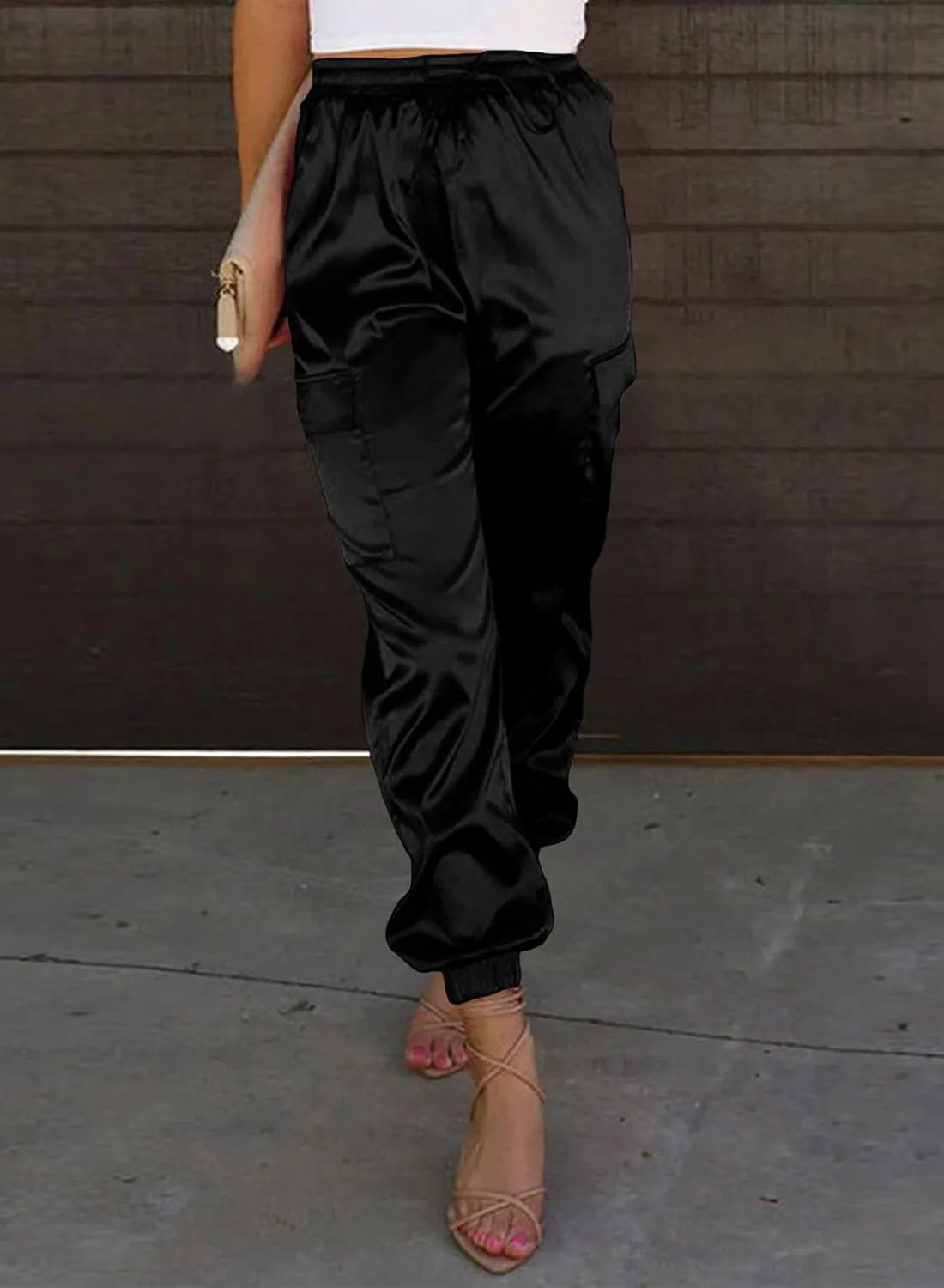 EVALESS Satin Joggers for Women Drawstring Elastic High Waist Straight Leg Cargo Pants Long Lounge Pant Trousers with Pockets