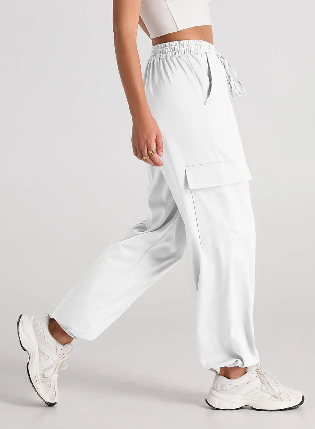 EVALESS Satin Joggers for Women Drawstring Elastic High Waist Straight Leg Cargo Pants Long Lounge Pant Trousers with Pockets