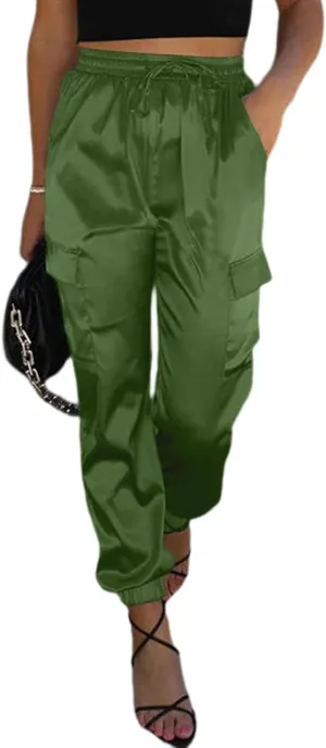EVALESS Satin Joggers for Women Drawstring Elastic High Waist Straight Leg Cargo Pants Long Lounge Pant Trousers with Pockets