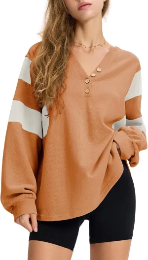 EXLURA Women's Oversized V Neck Henley Shirt Patchwork 2024 Color Block Sweatshirt Long Sleeve Button Pullover Tunic Tops