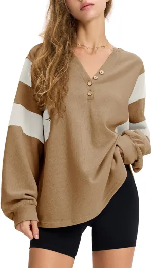 EXLURA Women's Oversized V Neck Henley Shirt Patchwork 2024 Color Block Sweatshirt Long Sleeve Button Pullover Tunic Tops
