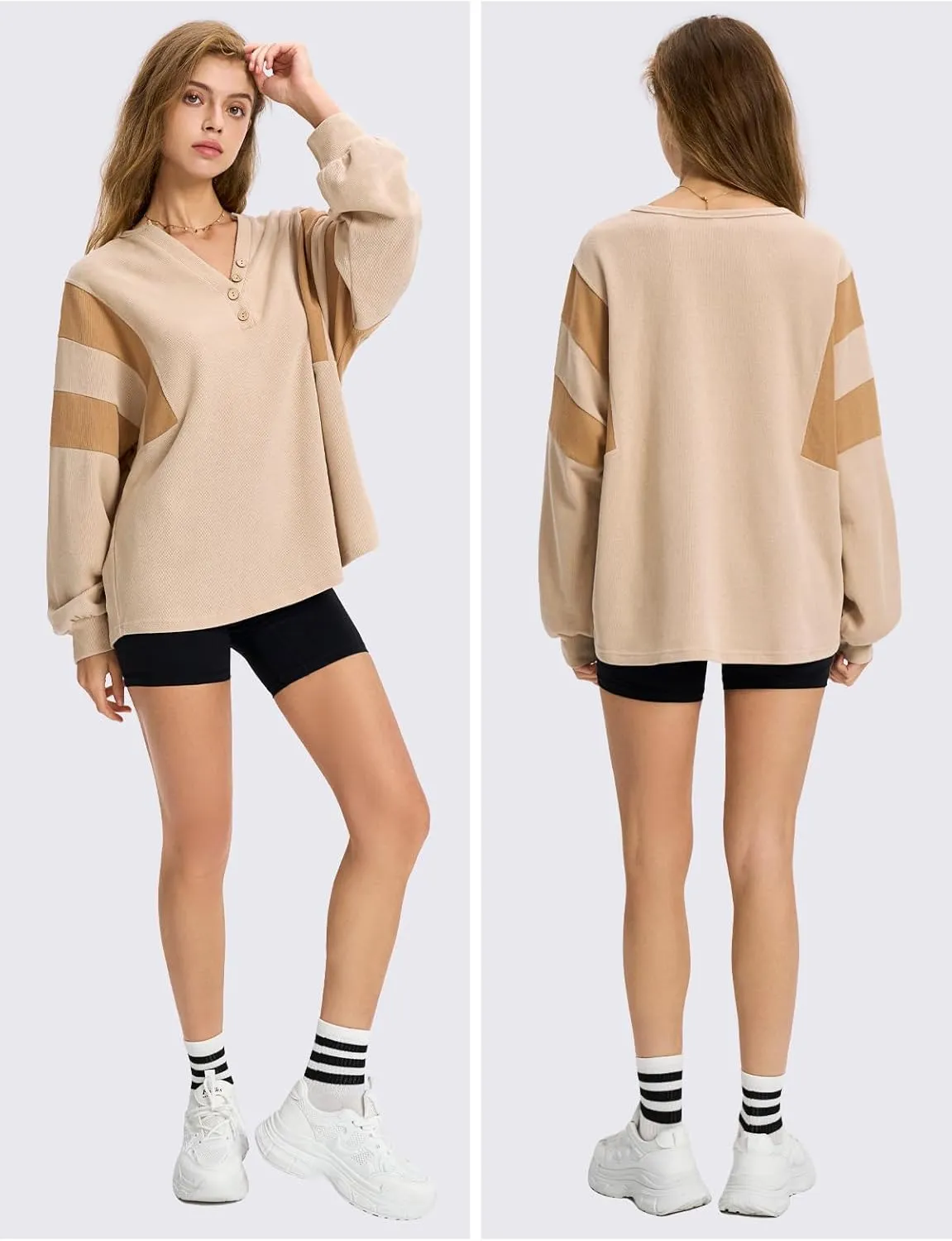 EXLURA Women's Oversized V Neck Henley Shirt Patchwork 2024 Color Block Sweatshirt Long Sleeve Button Pullover Tunic Tops