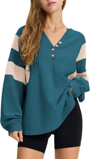 EXLURA Women's Oversized V Neck Henley Shirt Patchwork 2024 Color Block Sweatshirt Long Sleeve Button Pullover Tunic Tops