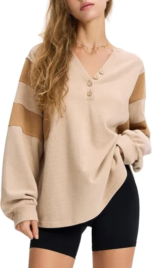 EXLURA Women's Oversized V Neck Henley Shirt Patchwork 2024 Color Block Sweatshirt Long Sleeve Button Pullover Tunic Tops