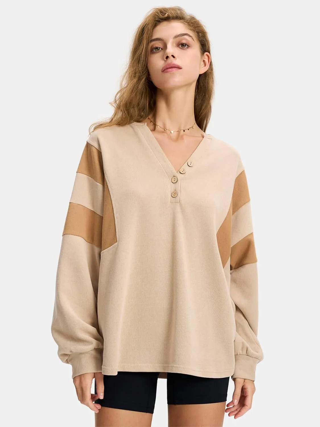 EXLURA Women's Oversized V Neck Henley Shirt Patchwork 2024 Color Block Sweatshirt Long Sleeve Button Pullover Tunic Tops