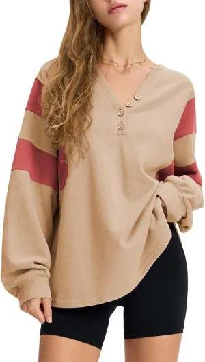 EXLURA Women's Oversized V Neck Henley Shirt Patchwork 2024 Color Block Sweatshirt Long Sleeve Button Pullover Tunic Tops