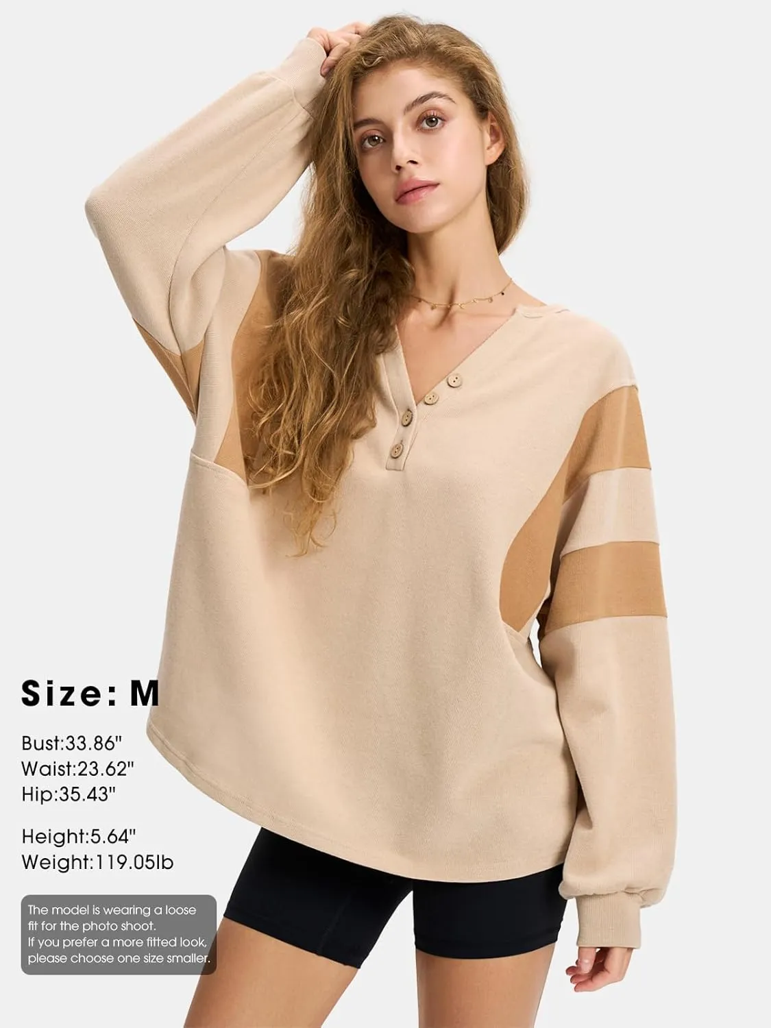 EXLURA Women's Oversized V Neck Henley Shirt Patchwork 2024 Color Block Sweatshirt Long Sleeve Button Pullover Tunic Tops