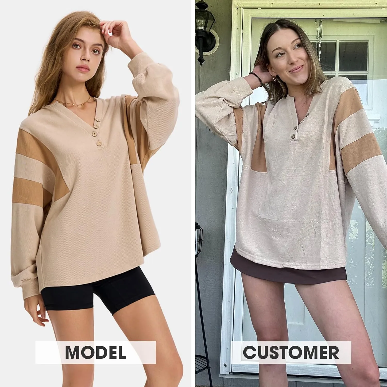 EXLURA Women's Oversized V Neck Henley Shirt Patchwork 2024 Color Block Sweatshirt Long Sleeve Button Pullover Tunic Tops