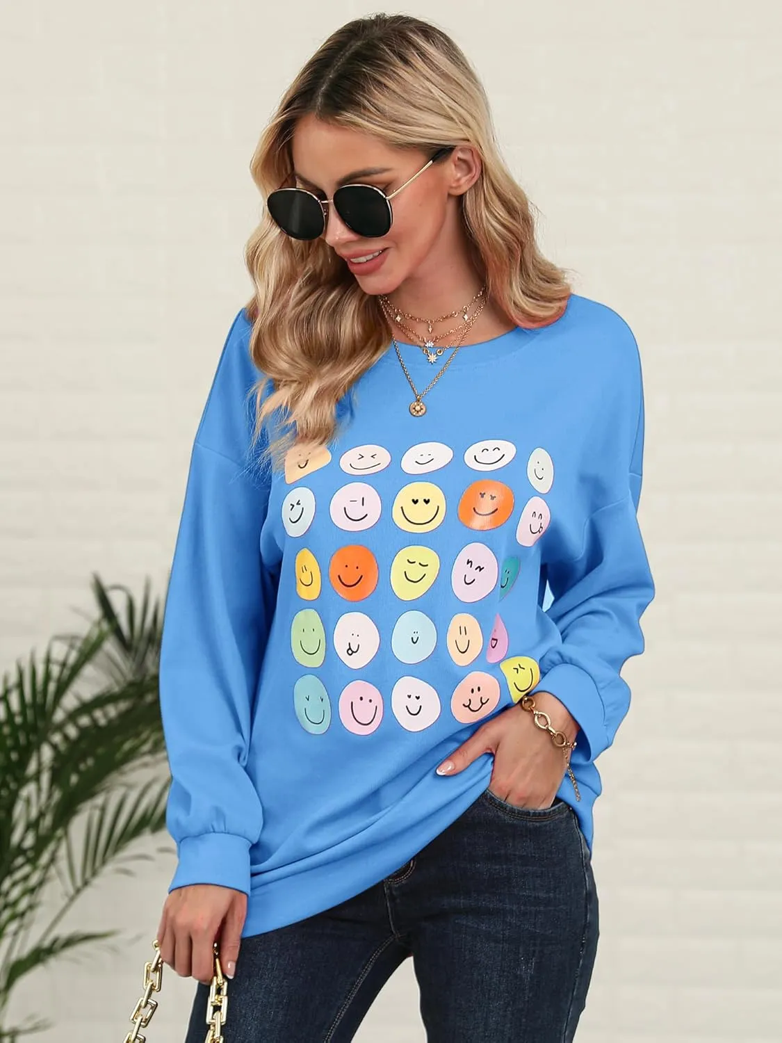 Ezcosplay Women Oversized Preppy Crewneck Ribbed Sweatshirt Happy Face Graphic Cute Y2k Loose Pullover Tops