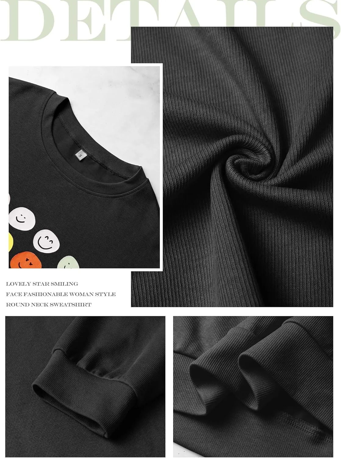 Ezcosplay Women Oversized Preppy Crewneck Ribbed Sweatshirt Happy Face Graphic Cute Y2k Loose Pullover Tops