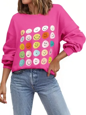 Ezcosplay Women Oversized Preppy Crewneck Ribbed Sweatshirt Happy Face Graphic Cute Y2k Loose Pullover Tops