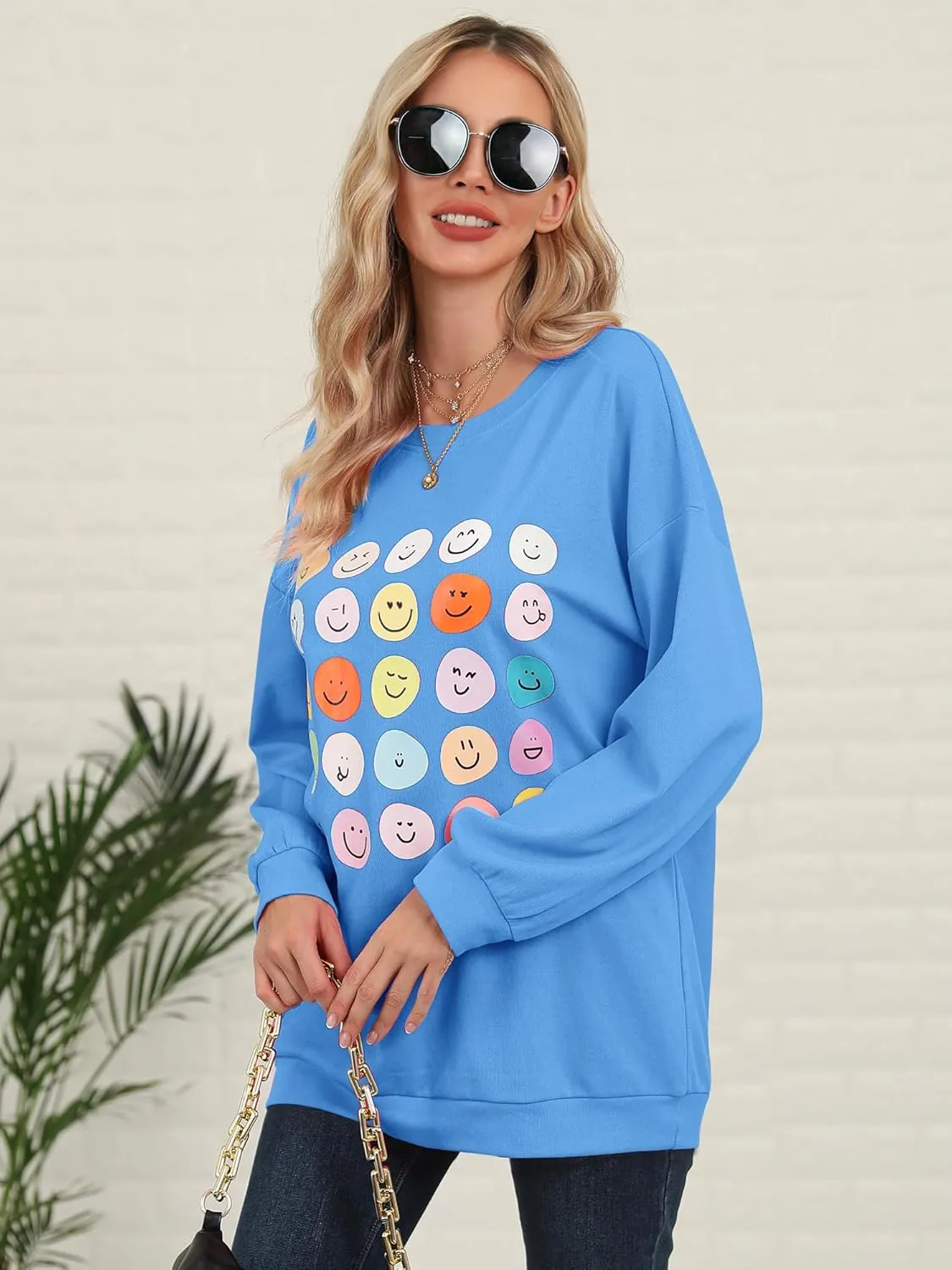 Ezcosplay Women Oversized Preppy Crewneck Ribbed Sweatshirt Happy Face Graphic Cute Y2k Loose Pullover Tops