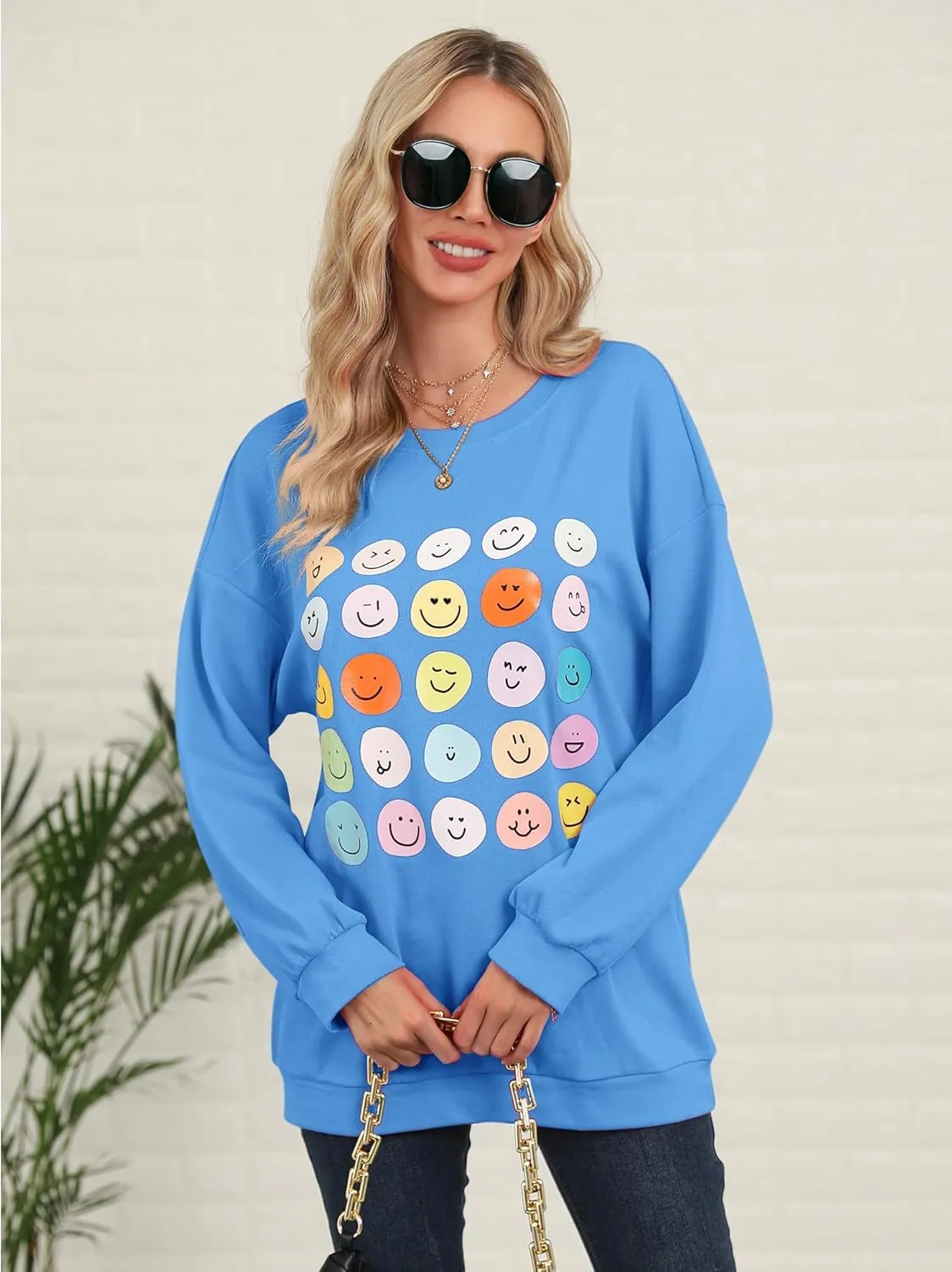 Ezcosplay Women Oversized Preppy Crewneck Ribbed Sweatshirt Happy Face Graphic Cute Y2k Loose Pullover Tops