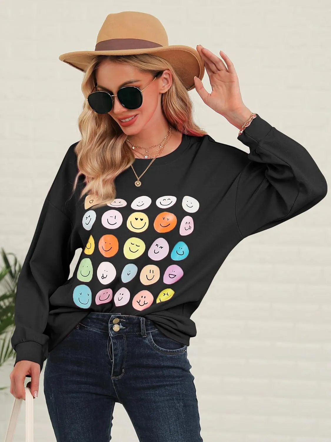Ezcosplay Women Oversized Preppy Crewneck Ribbed Sweatshirt Happy Face Graphic Cute Y2k Loose Pullover Tops
