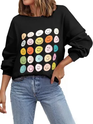 Ezcosplay Women Oversized Preppy Crewneck Ribbed Sweatshirt Happy Face Graphic Cute Y2k Loose Pullover Tops