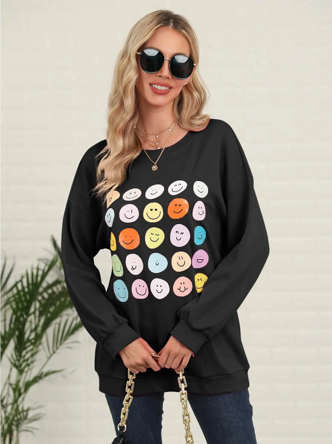 Ezcosplay Women Oversized Preppy Crewneck Ribbed Sweatshirt Happy Face Graphic Cute Y2k Loose Pullover Tops