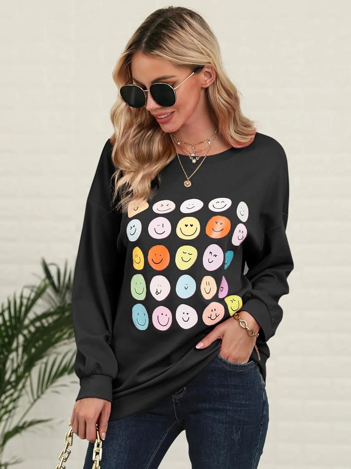 Ezcosplay Women Oversized Preppy Crewneck Ribbed Sweatshirt Happy Face Graphic Cute Y2k Loose Pullover Tops