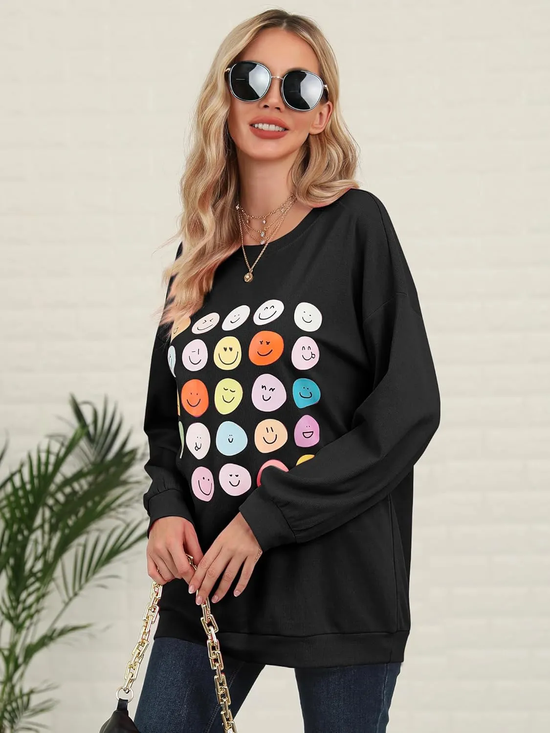 Ezcosplay Women Oversized Preppy Crewneck Ribbed Sweatshirt Happy Face Graphic Cute Y2k Loose Pullover Tops