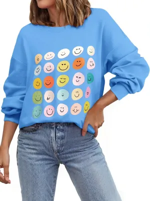 Ezcosplay Women Oversized Preppy Crewneck Ribbed Sweatshirt Happy Face Graphic Cute Y2k Loose Pullover Tops