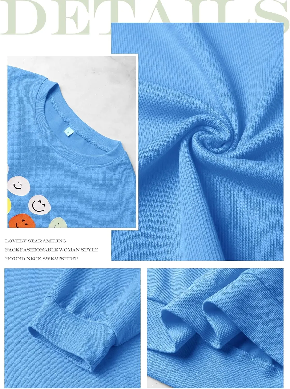 Ezcosplay Women Oversized Preppy Crewneck Ribbed Sweatshirt Happy Face Graphic Cute Y2k Loose Pullover Tops