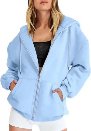 Fall Hoodies Jackets for Women Oversized Preppy Full Zip Up Drawstring Hooded Coats Fashion Solid Color Chunky Hoodie