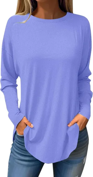 Fall Outfits for Women Solid Long Sleeve Outfits Round Neck Hide Belly Pullover Tops Casual Loose T Shirt