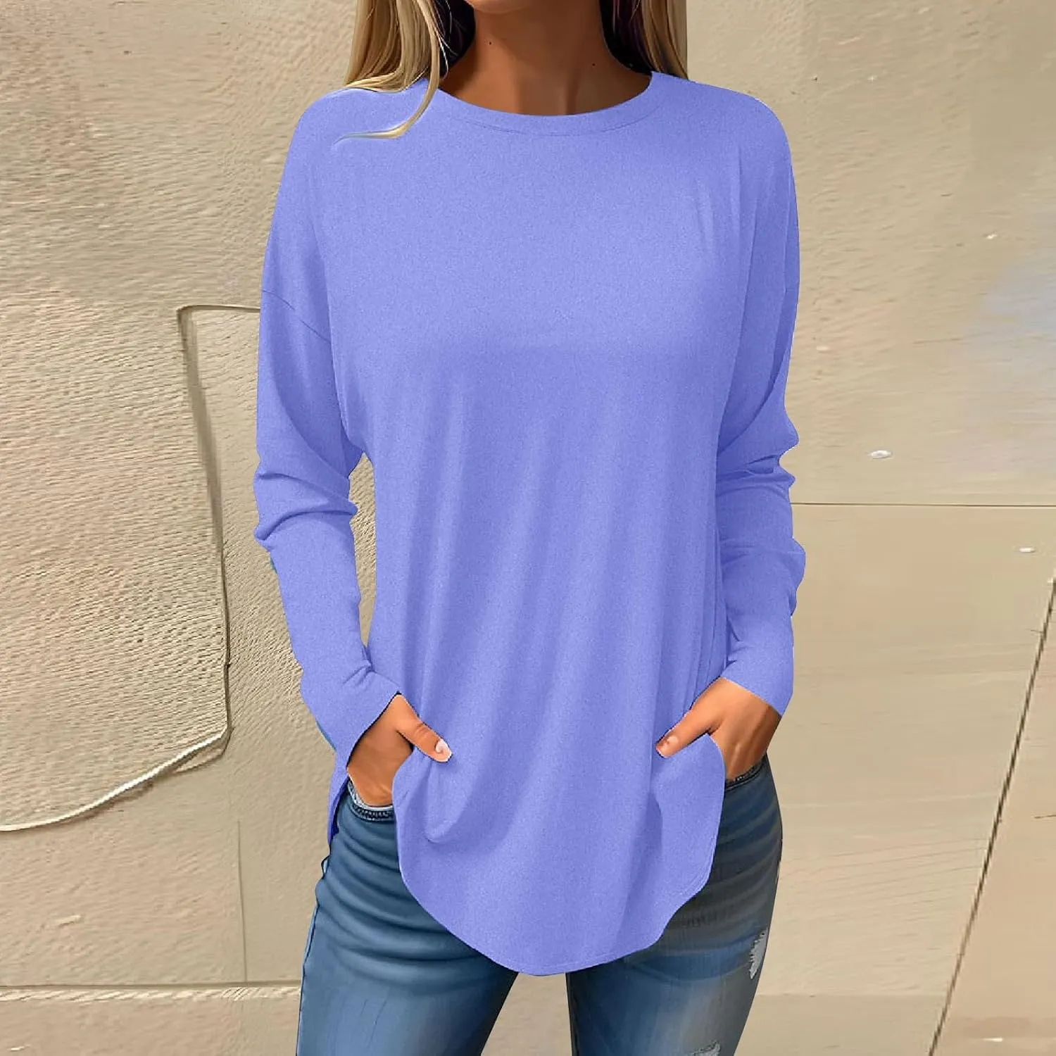Fall Outfits for Women Solid Long Sleeve Outfits Round Neck Hide Belly Pullover Tops Casual Loose T Shirt