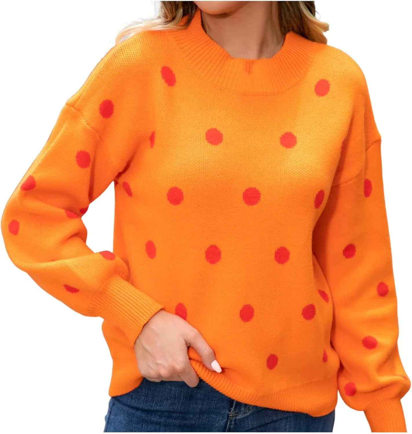 Fall Sweaters Round Neck Polka Dots Cute Winter Pullover Sweaters for Women Trendy Chunky Knit Pullover Jumper Tops