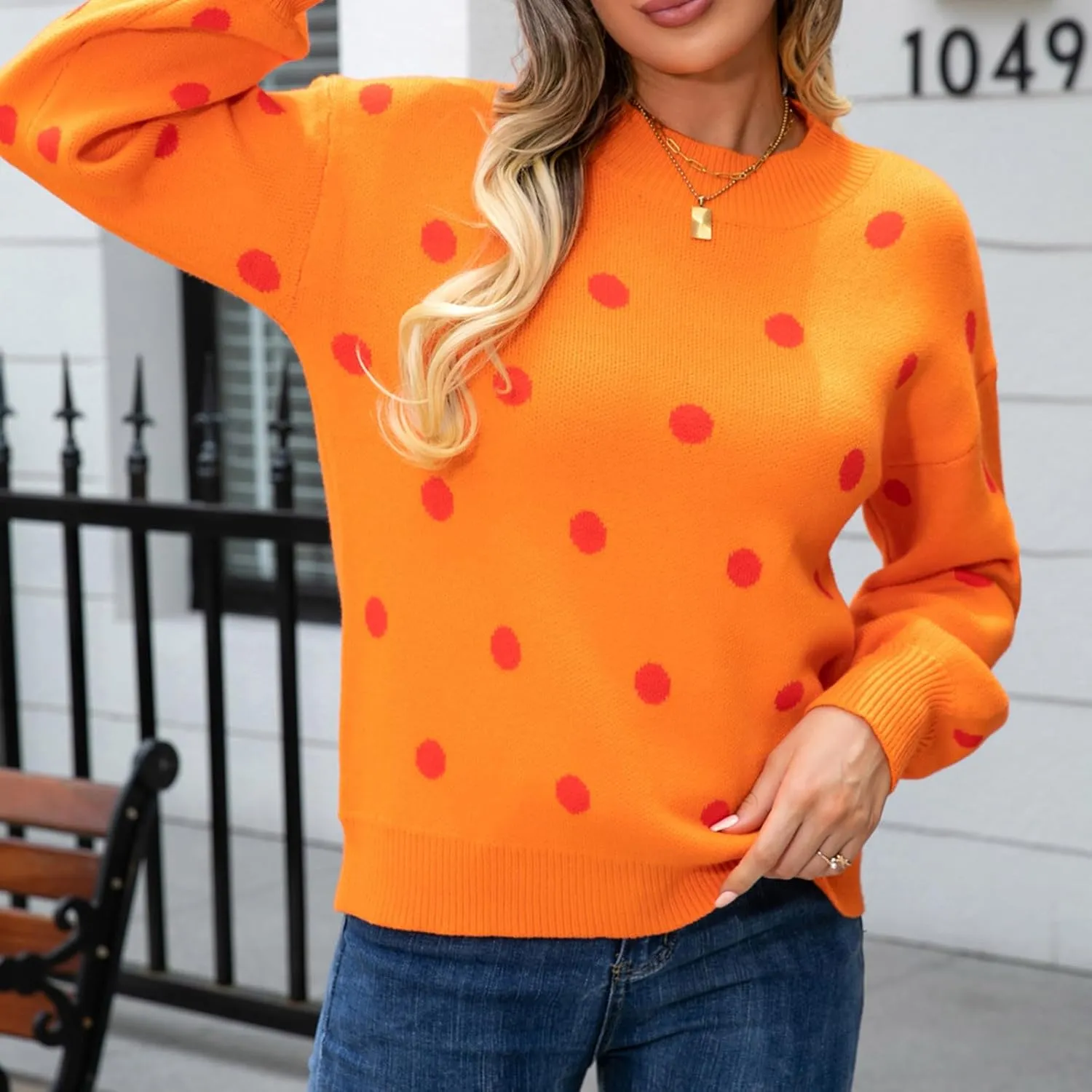Fall Sweaters Round Neck Polka Dots Cute Winter Pullover Sweaters for Women Trendy Chunky Knit Pullover Jumper Tops