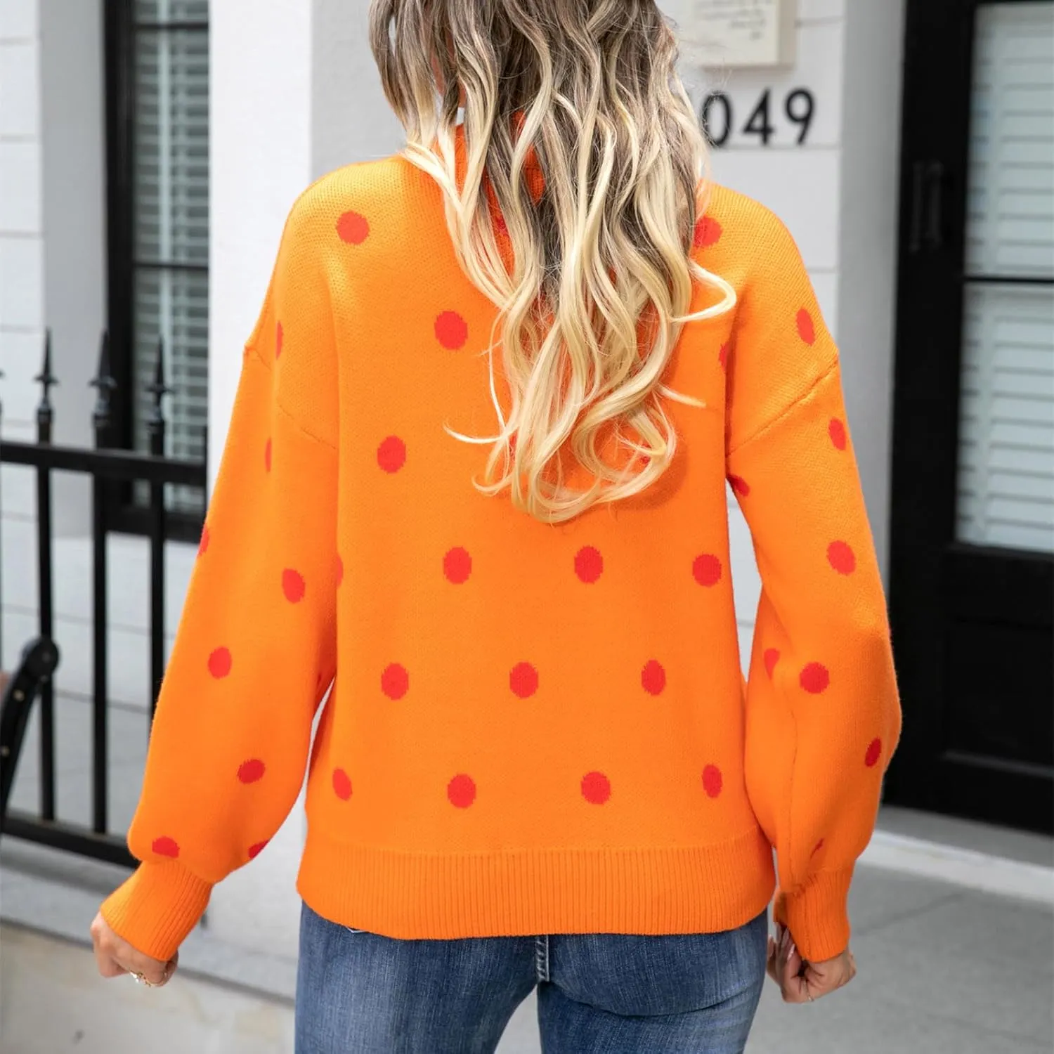 Fall Sweaters Round Neck Polka Dots Cute Winter Pullover Sweaters for Women Trendy Chunky Knit Pullover Jumper Tops