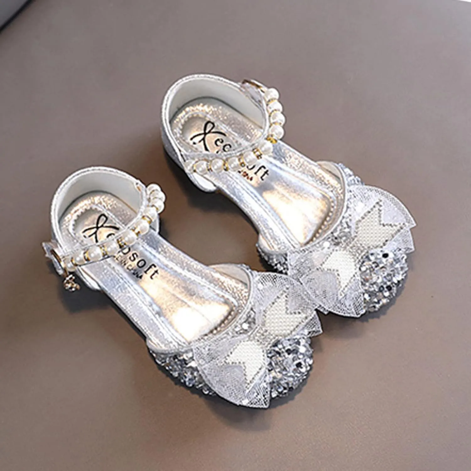 Fashion Spring and Summer Girls Sandals Dress Dance Performance Princess Shoes Sequin Mesh Bow Girls Toddler Sandal (Silver, 3-3.5 Years Toddler)