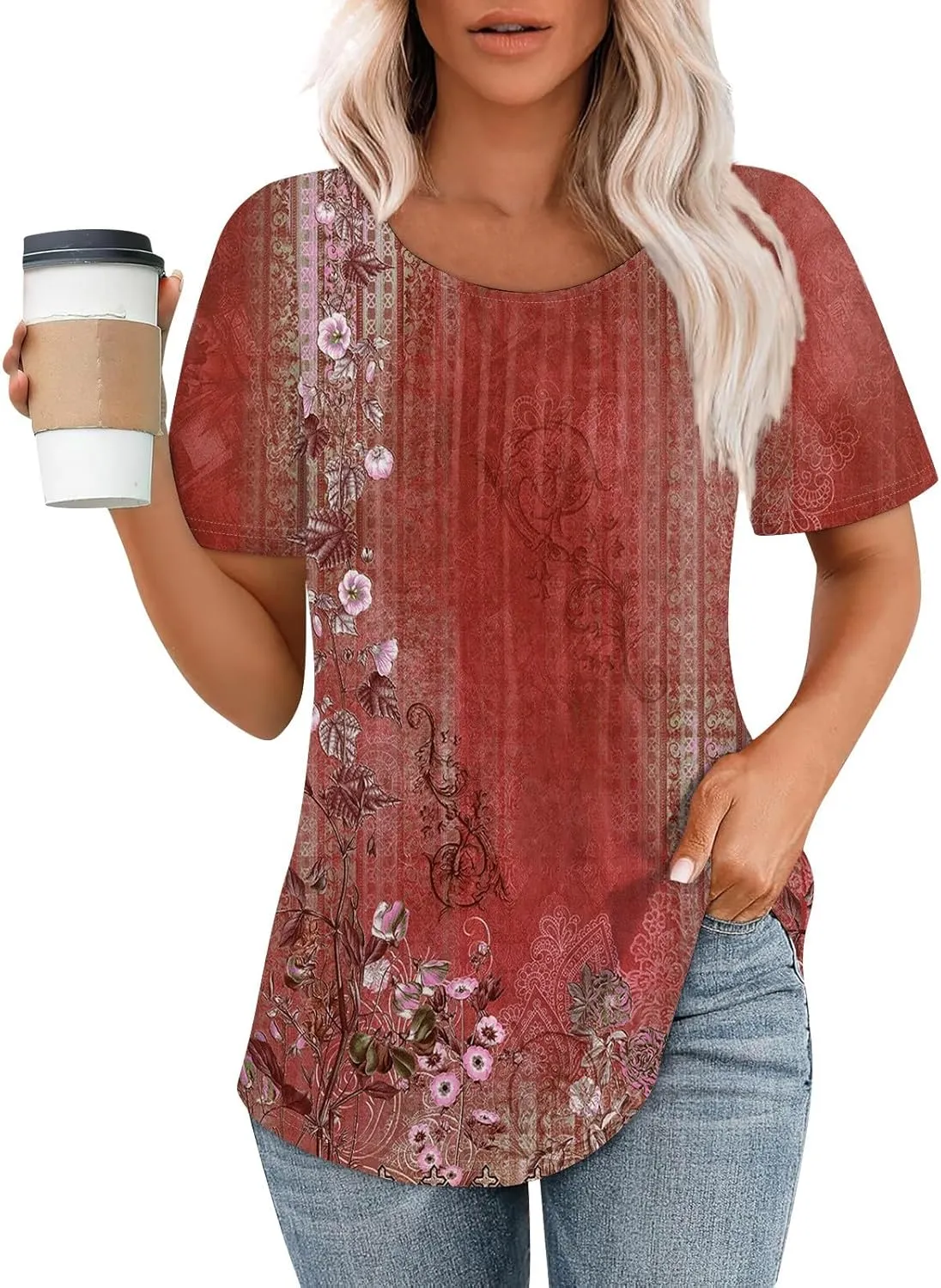 Fashion Womens Tops Dressy Tee Shirts Short Sleeve Pleated Dressy Casual Scoop Neck Summer Tops Blouses
