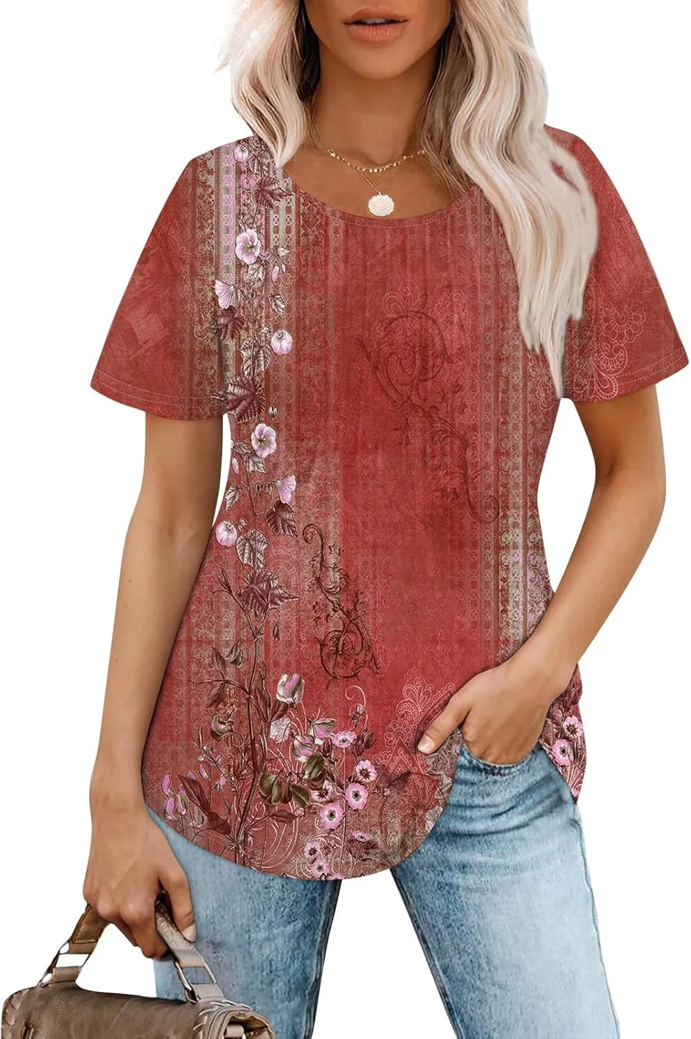 Fashion Womens Tops Dressy Tee Shirts Short Sleeve Pleated Dressy Casual Scoop Neck Summer Tops Blouses