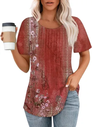 Fashion Womens Tops Dressy Tee Shirts Short Sleeve Pleated Dressy Casual Scoop Neck Summer Tops Blouses